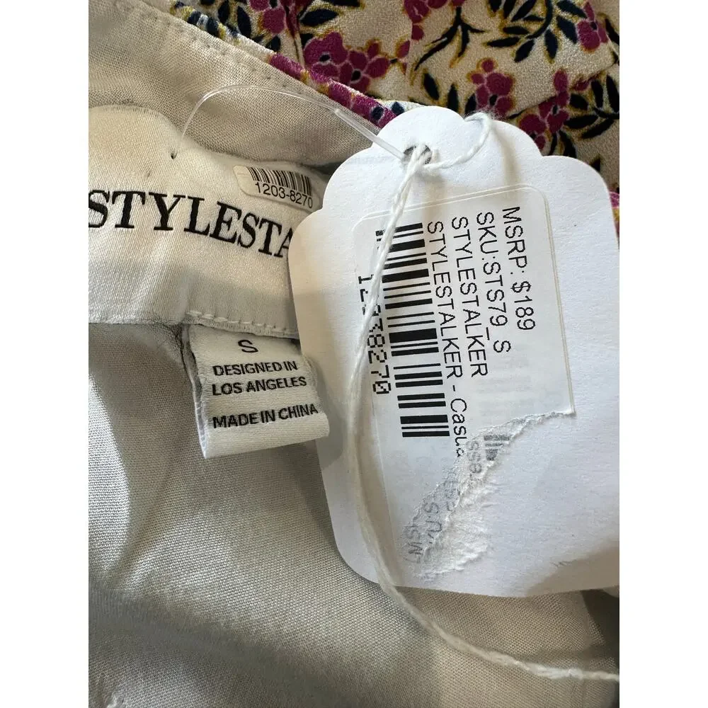 StyleStalker White Floral Mini Dress SMALL Ruffle Cottage Party Designer $200